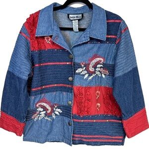 Indigo Moon Large Denim Jacket Patchwork Beaded Fairy Grunge Hippie Boho Artsy